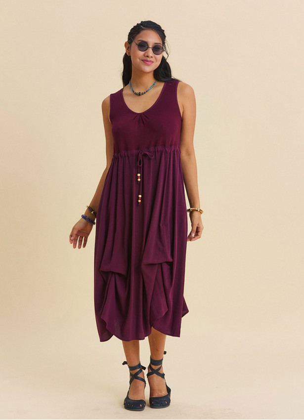 Boat Neck Gathered Detail Burgundy Everyday Dress 4798