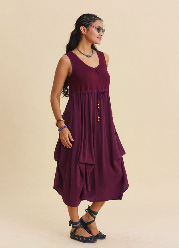 Boat Neck Gathered Detail Burgundy Everyday Dress 4798