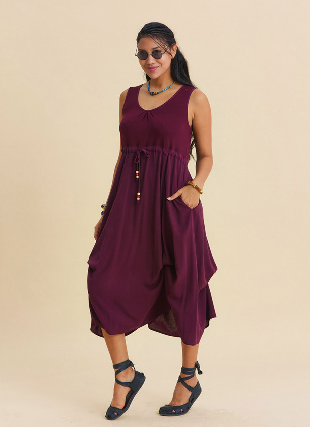Boat Neck Gathered Detail Burgundy Everyday Dress 4798