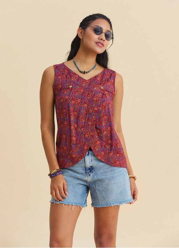 Button Detailed Asymmetrical Cut Red Floral Blouse 4888