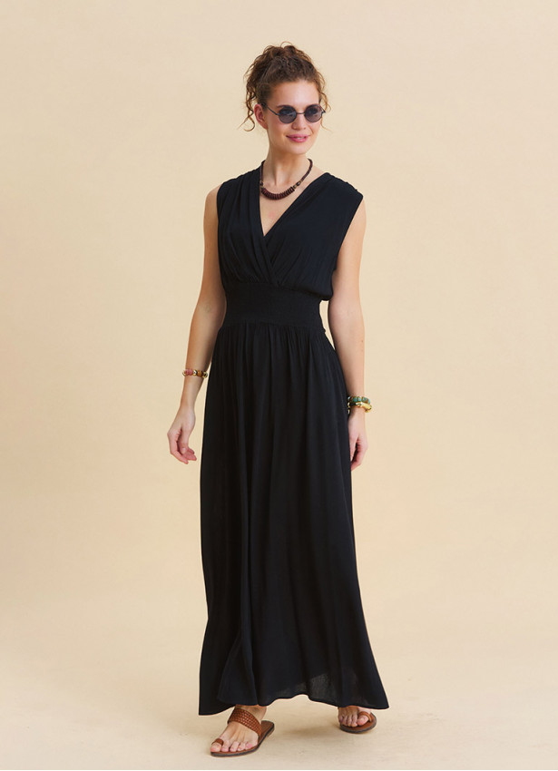 Black Summer Dress with Cross Over Neckline and Elasticated Waist 4809