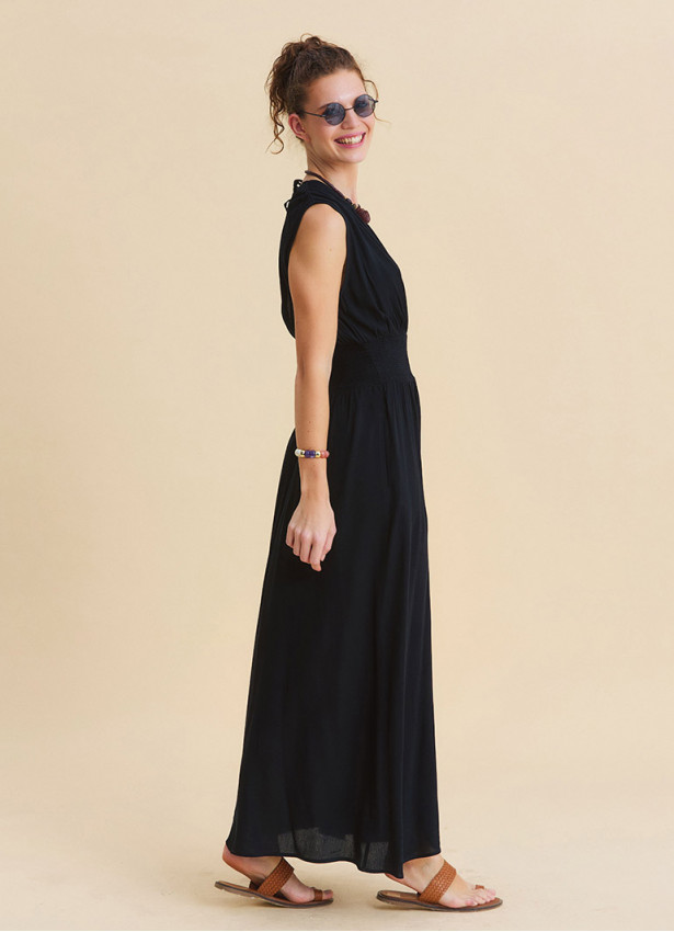 Black Summer Dress with Cross Over Neckline and Elasticated Waist 4809