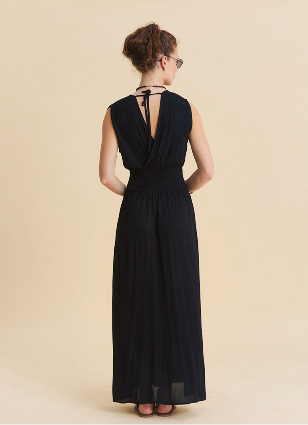 Black Summer Dress with Cross Over Neckline and Elasticated Waist 4809