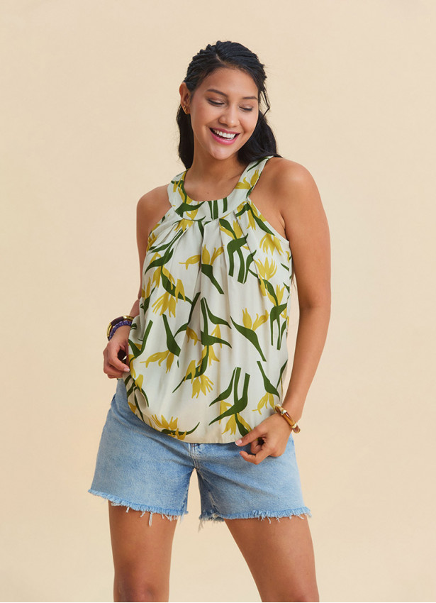 Halter Collar Button Detailed Pleated Anita Pattern Sleeveless Blouse 4893