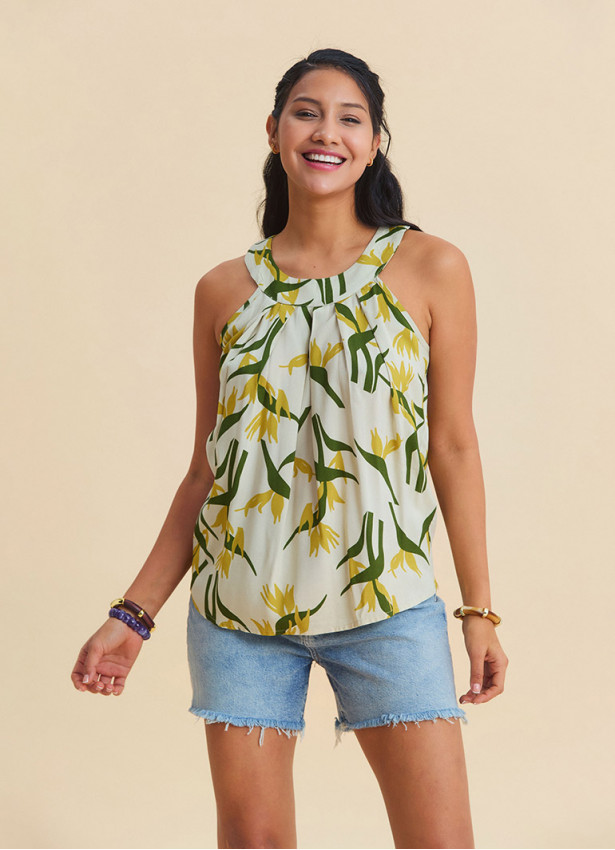 Halter Collar Button Detailed Pleated Anita Pattern Sleeveless Blouse 4893