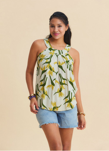 Halter Collar Button Detailed Pleated Anita Pattern Sleeveless Blouse 4893