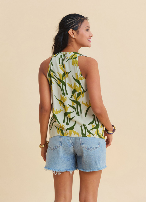 Halter Collar Button Detailed Pleated Anita Pattern Sleeveless Blouse 4893