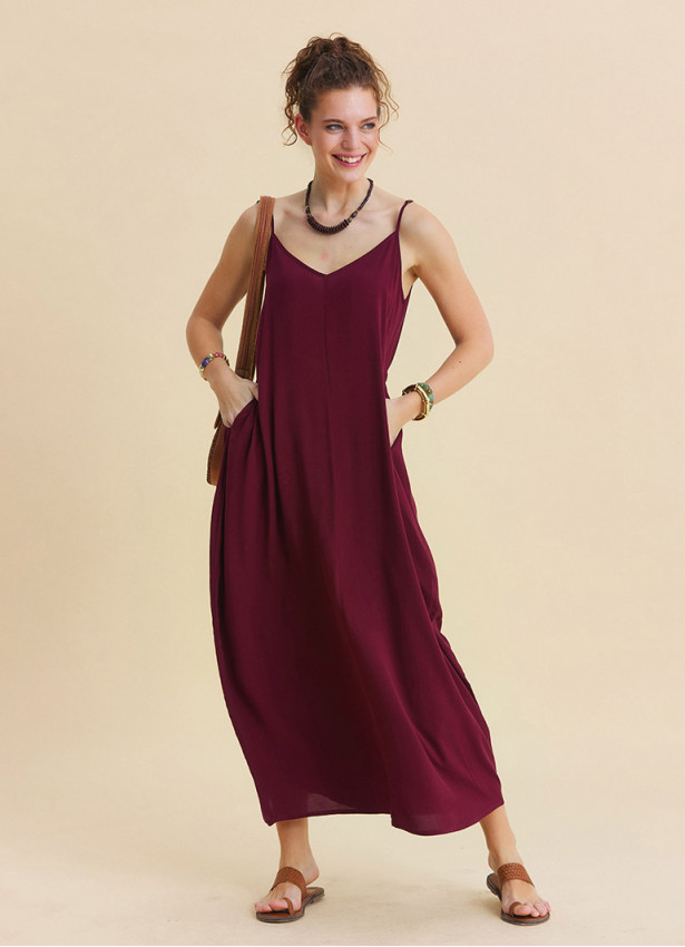 Wide Collar Thin Straps, Burgundy Summer Dress 4812