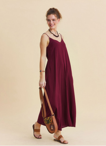 Wide Collar Thin Straps, Burgundy Summer Dress 4812
