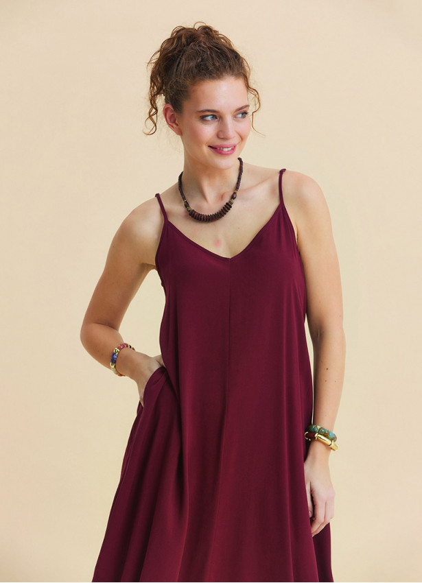 Wide Collar Thin Straps, Burgundy Summer Dress 4812