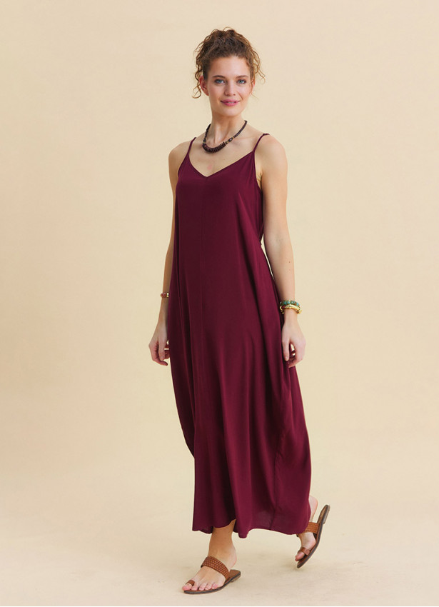 Wide Collar Thin Straps, Burgundy Summer Dress 4812
