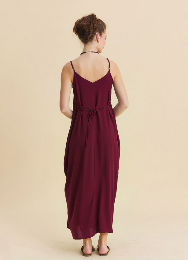 Wide Collar Thin Straps, Burgundy Summer Dress 4812