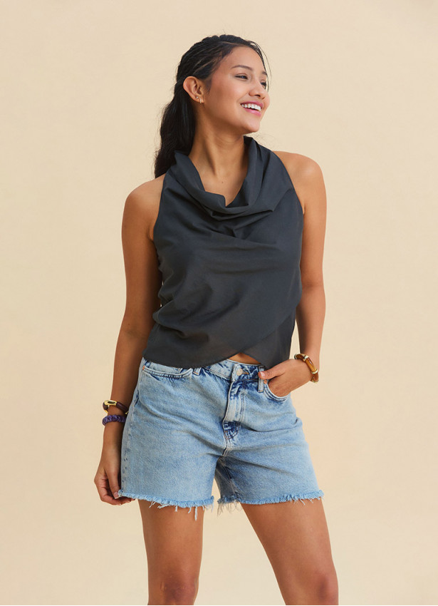 Asymmetrical Collar Smoke Grey Bohemian Blouse 4880