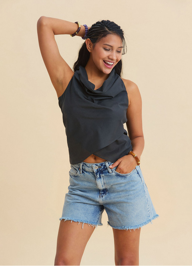 Asymmetrical Collar Smoke Grey Bohemian Blouse 4880