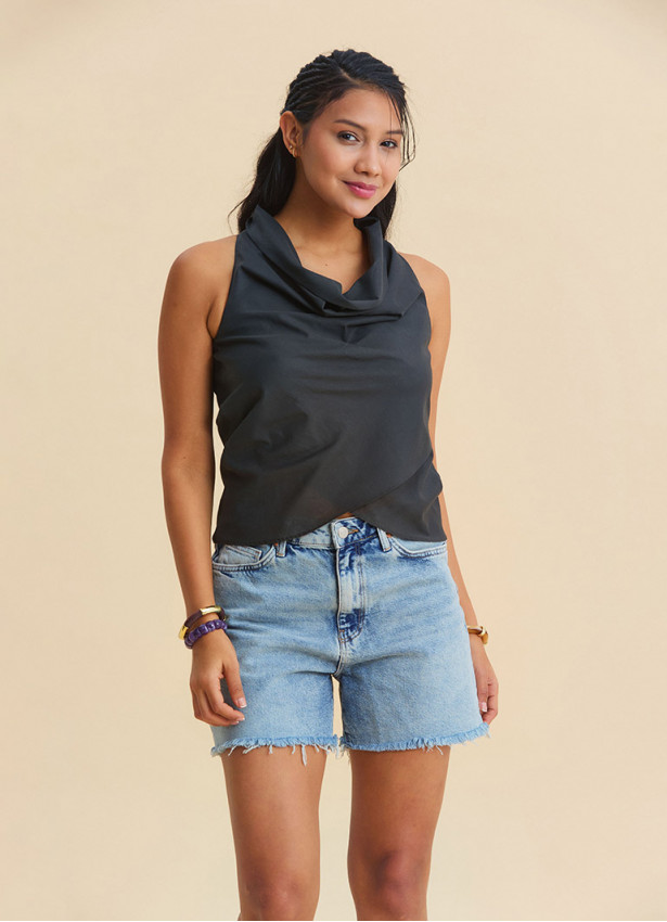 Asymmetrical Collar Smoke Grey Bohemian Blouse 4880