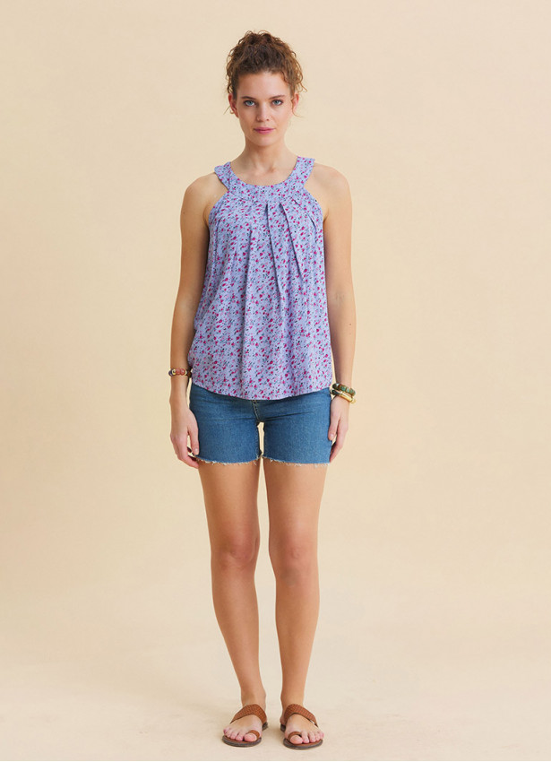 Lilac Floral Blouse with Button Detail and Pleats at the Halter Neck  4892