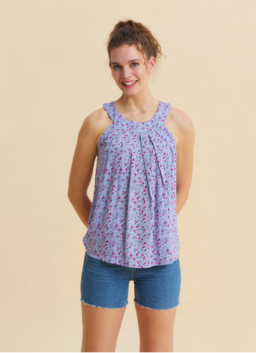 Lilac Floral Blouse with Button Detail and Pleats at the Halter Neck  4892