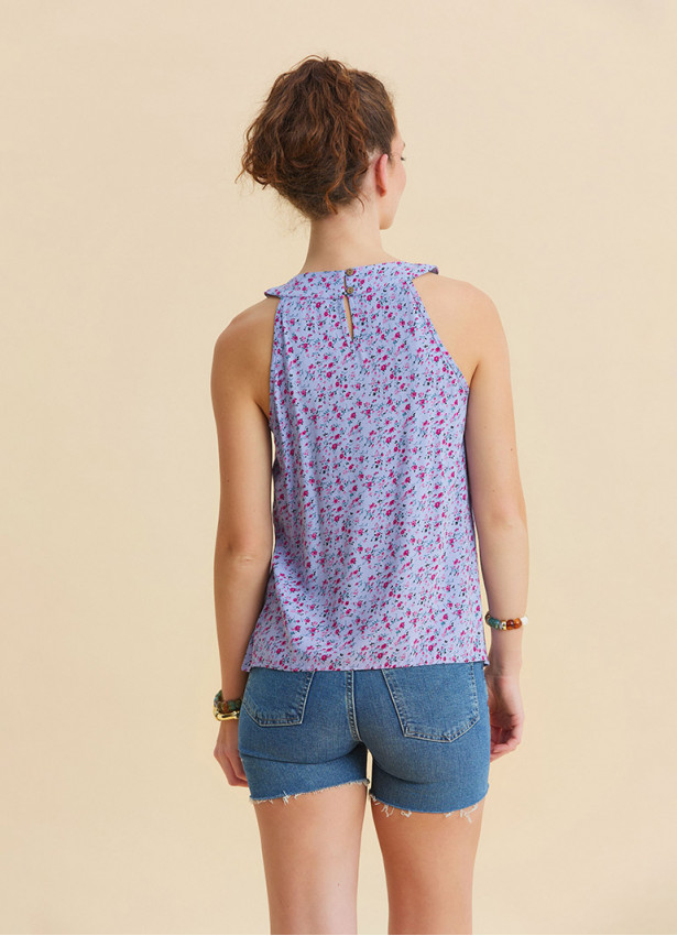 Lilac Floral Blouse with Button Detail and Pleats at the Halter Neck  4892