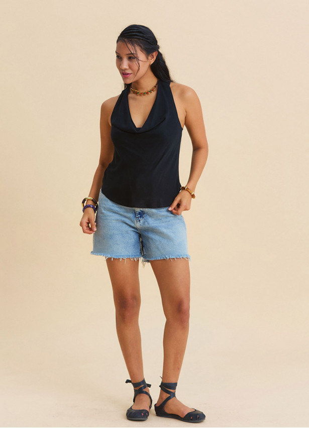 Black Bohemian Blouse with Open Collar, Cross Back, and V Neckline 4989