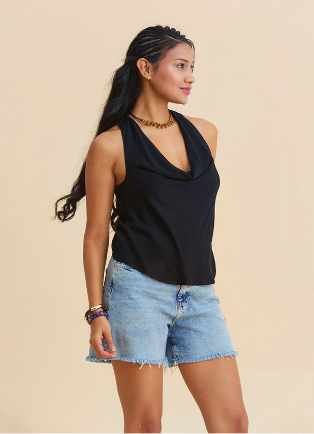 Black Bohemian Blouse with Open Collar, Cross Back, and V Neckline 4989