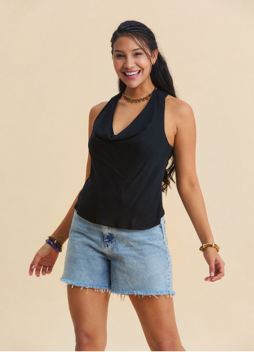 Black Bohemian Blouse with Open Collar, Cross Back, and V Neckline 4989