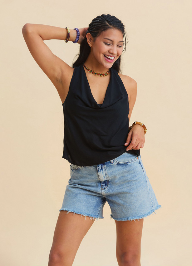 Black Bohemian Blouse with Open Collar, Cross Back, and V Neckline 4989