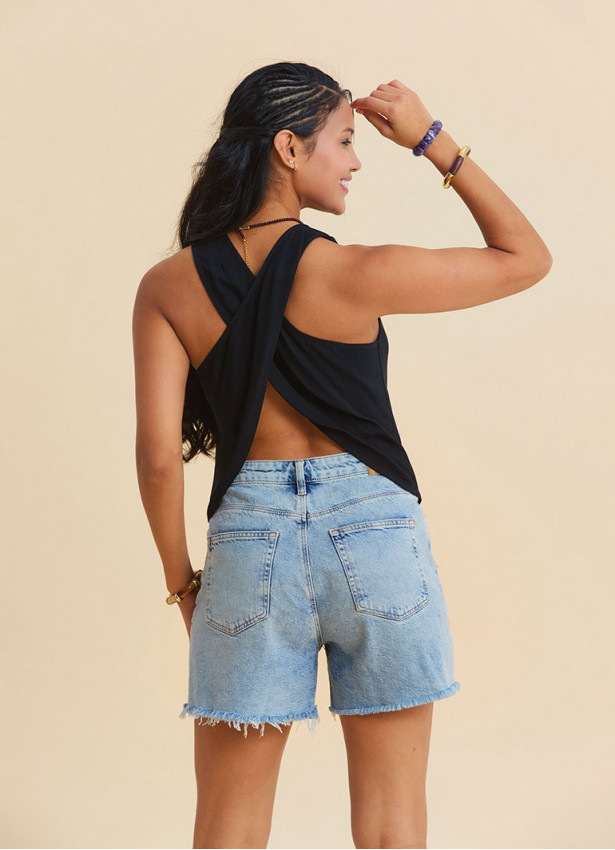 Black Bohemian Blouse with Open Collar, Cross Back, and V Neckline 4989