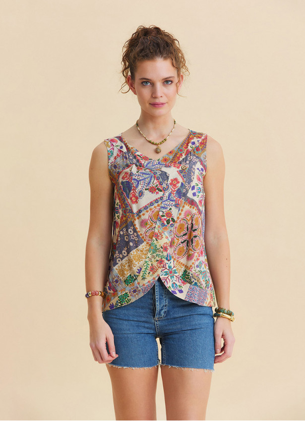 Button Detailed Asymmetrical Cut Beige Floral Blouse 4889