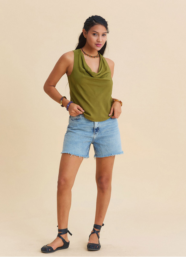 Green Sleeveless Blouse with a Loose Collar, Cross Back Neckline  4988