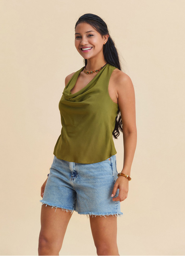 Green Sleeveless Blouse with a Loose Collar, Cross Back Neckline  4988