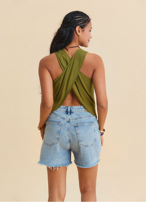 Green Sleeveless Blouse with a Loose Collar, Cross Back Neckline  4988