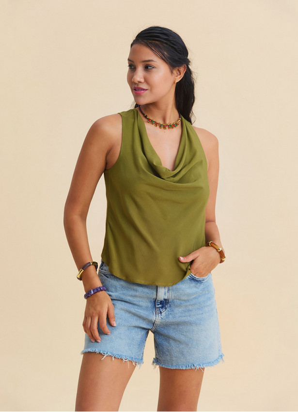Green Sleeveless Blouse with a Loose Collar, Cross Back Neckline  4988