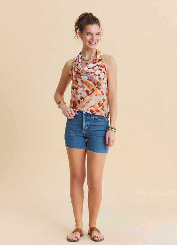 Asymmetrical Cut Cream Ethnic Blouse with Open Collar 4879