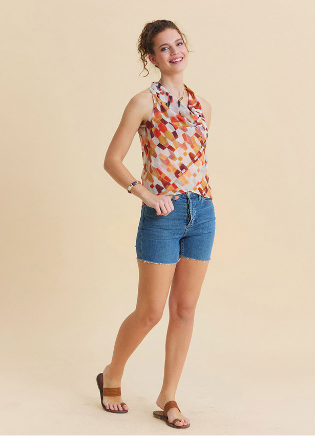 Asymmetrical Cut Cream Ethnic Blouse with Open Collar 4879