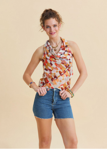 Asymmetrical Cut Cream Ethnic Blouse with Open Collar 4879