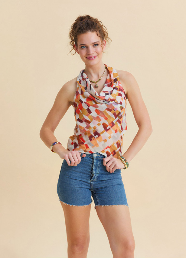 Asymmetrical Cut Cream Ethnic Blouse with Open Collar 4879