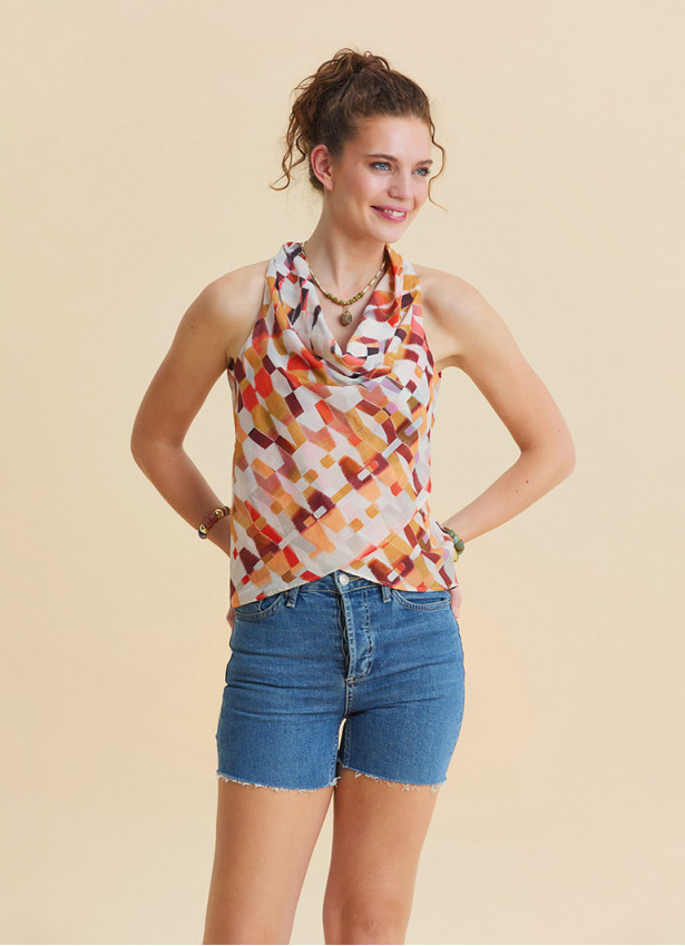 Asymmetrical Cut Cream Ethnic Blouse with Open Collar 4879