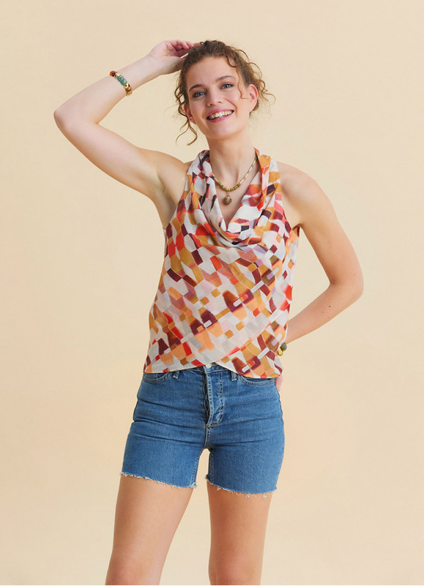 Asymmetrical Cut Cream Ethnic Blouse with Open Collar 4879