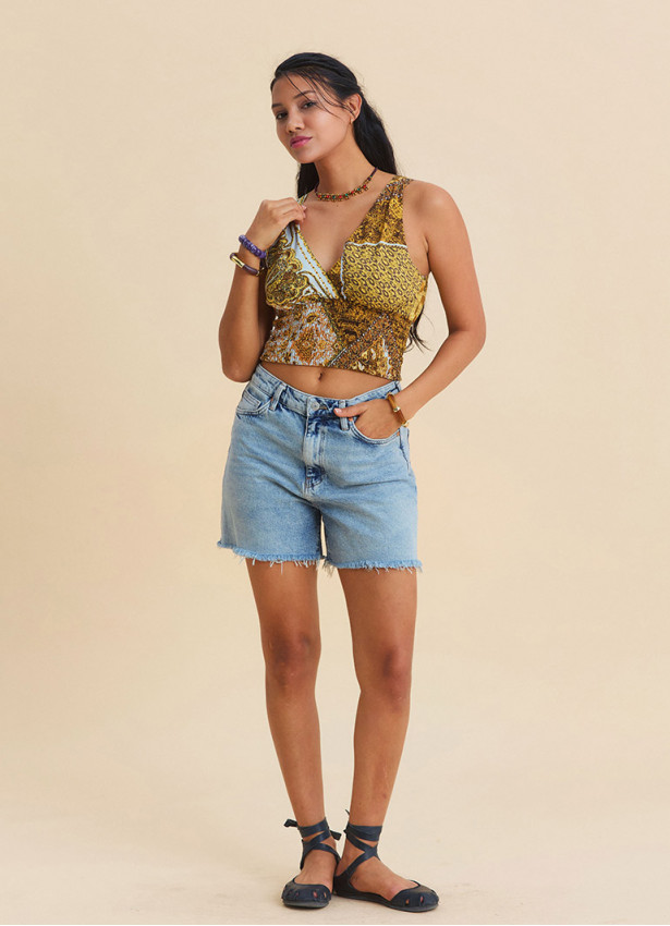 V neck  Gipe detailed back tie yellow authentic blouse 4927