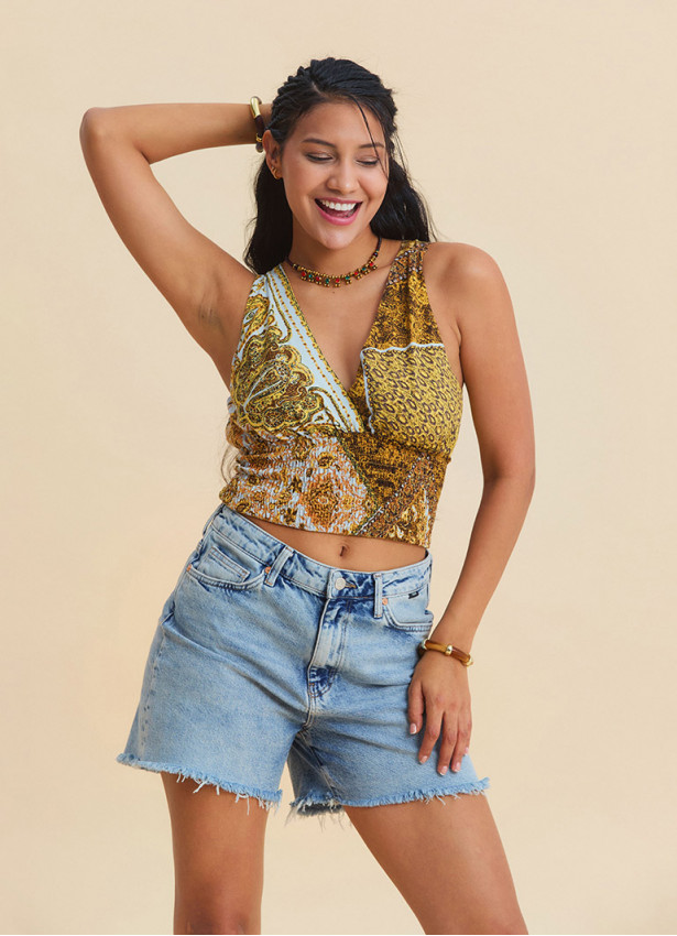 V neck  Gipe detailed back tie yellow authentic blouse 4927