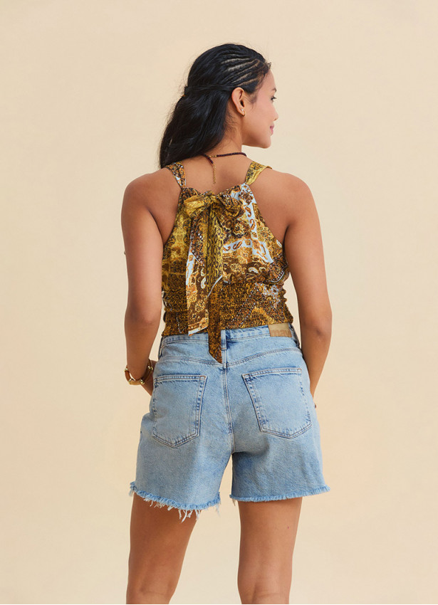 V neck  Gipe detailed back tie yellow authentic blouse 4927