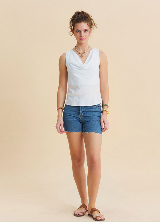 White Sleeveless Blouse with Open Collar, Cross Back, and V Neckline 4985