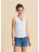 White Sleeveless Blouse with Open Collar, Cross Back, and V Neckline 4985