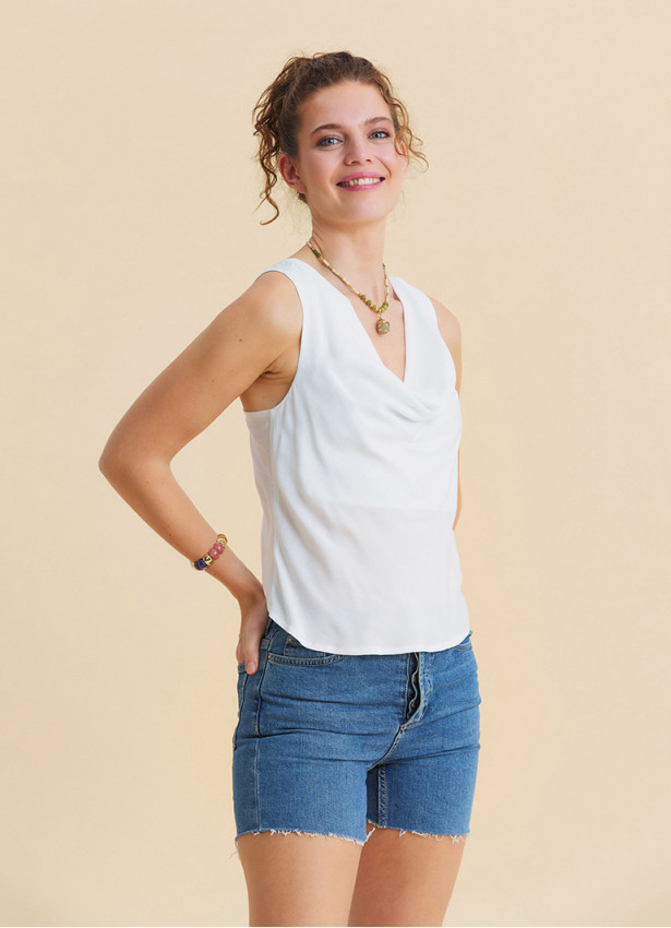 White Sleeveless Blouse with Open Collar, Cross Back, and V Neckline 4985