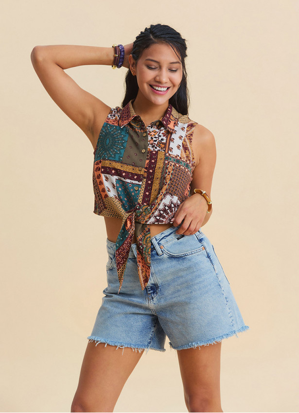 Shirt Collar Asymmetrical Cut Navy Sleeveless Blouse 4961