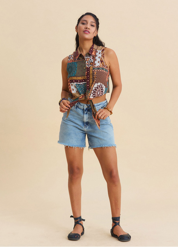 Shirt Collar Asymmetrical Cut Navy Sleeveless Blouse 4961