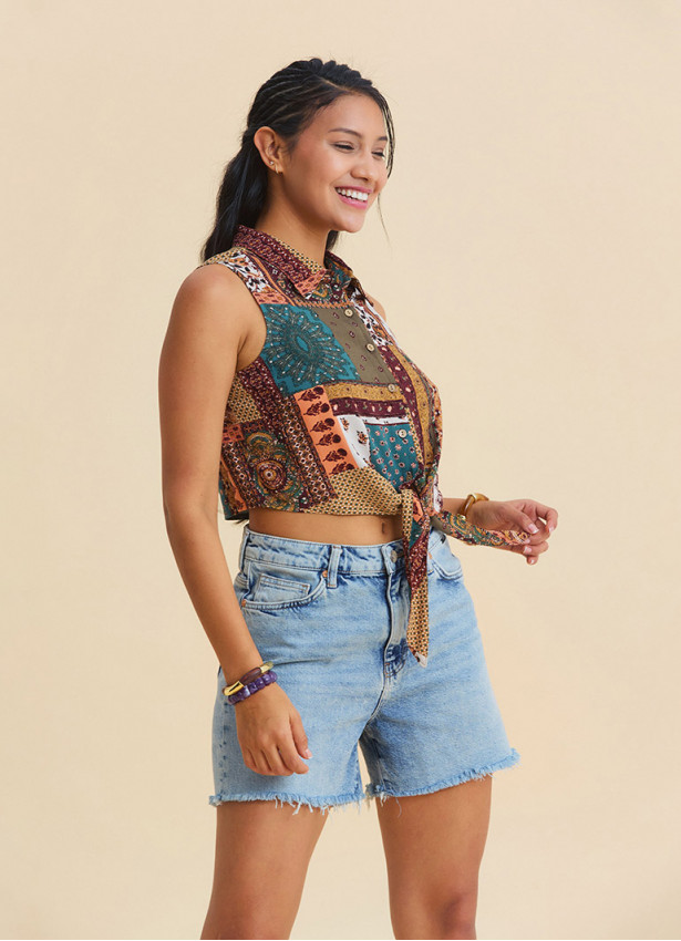 Shirt Collar Asymmetrical Cut Navy Sleeveless Blouse 4961