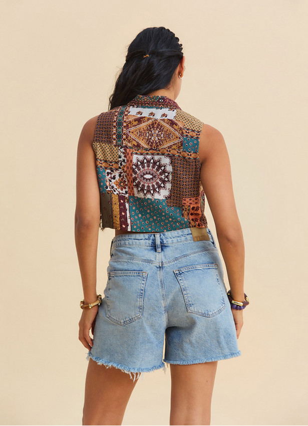 Shirt Collar Asymmetrical Cut Navy Sleeveless Blouse 4961