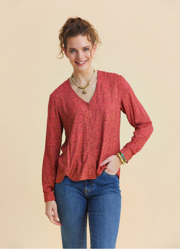 V Neck Button Down Blouse with Coral Flowers 4993