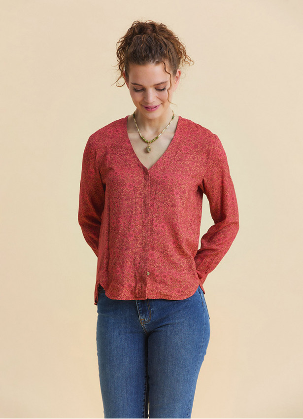 V Neck Button Down Blouse with Coral Flowers 4993